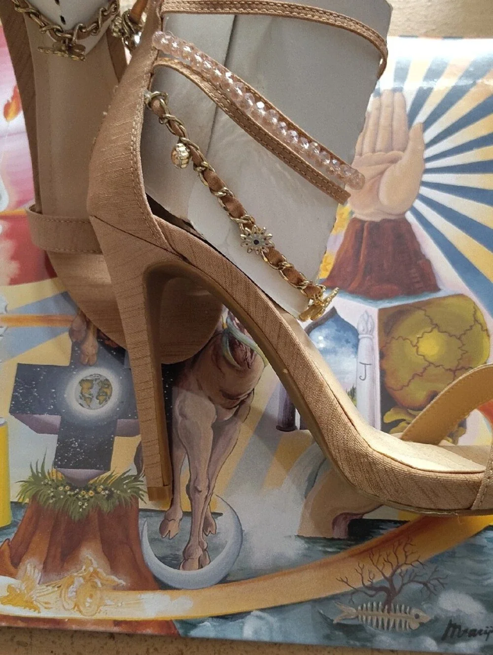 Anne Michelle Nude Heeled Sandals with Gold Chain & Crystal Trim